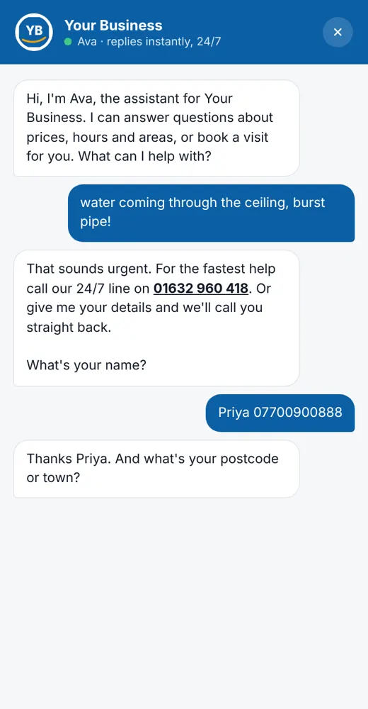 AI assistant demo: chat handling an urgent enquiry