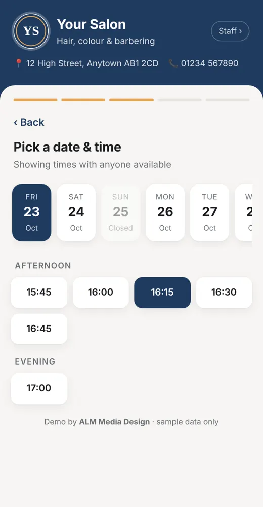 Salon booking app demo on a phone: choosing a date and time